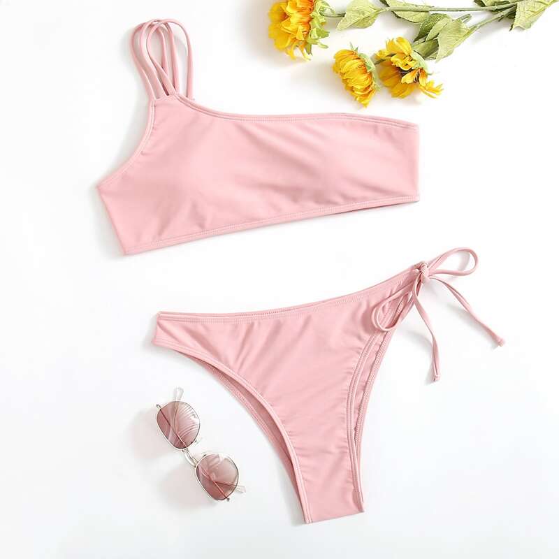 

Solid One Shoulder Bikini Swimsuit, Baby pink