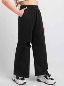 SHEIN 女孩鏤空寬腿褲子 - 黑色 - 查看 1