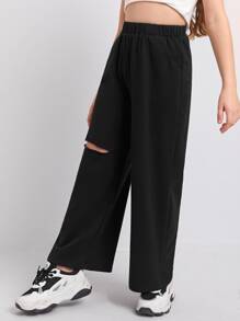 SHEIN 女孩鏤空寬腿褲子 - 黑色 - 查看 5