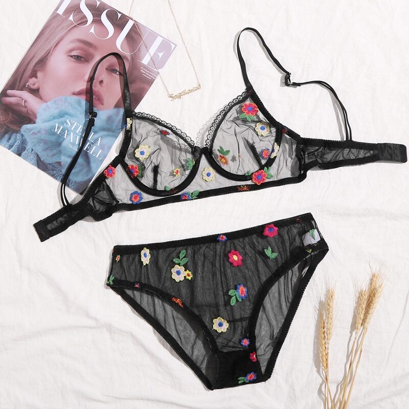

Embroidered Floral Sheer Mesh Underwire Lingerie Set, Multicolor