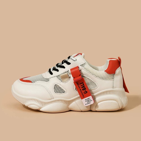 

Letter Tape Decor Lace-up Front Chunky Sneakers, Beige