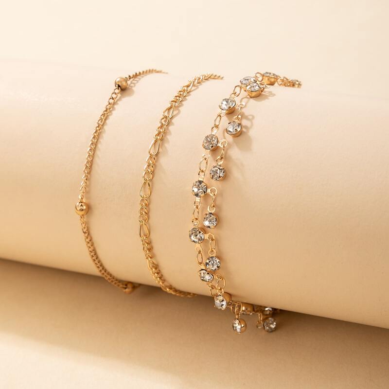 

3pcs Rhinestone Tassel Chain Anklet, Gold