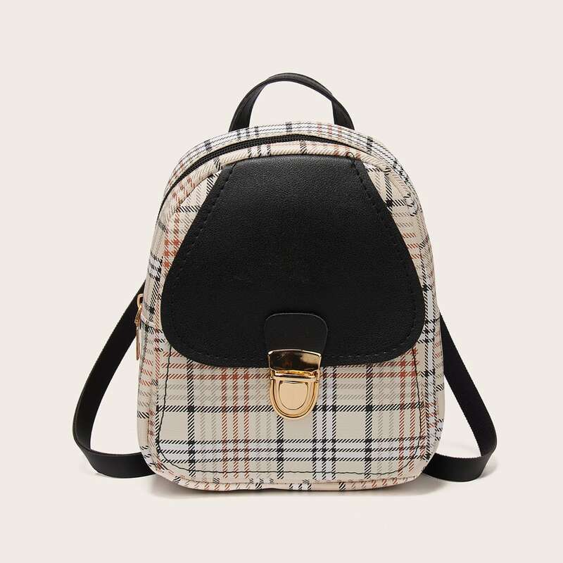 

Plaid Push Lock Backpack, Black