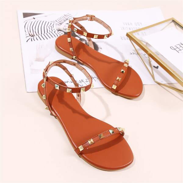 

Studded Decor Ankle Strap Sandals, Orange