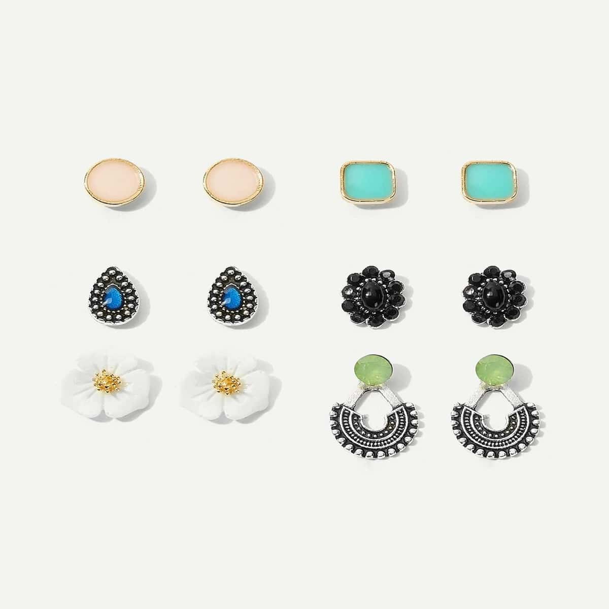 

6pairs Floral Stud Earrings, Multicolor