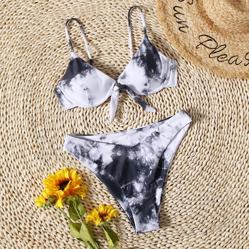 

Tie Dye Underwire Bikini Swimsuit, Black and white