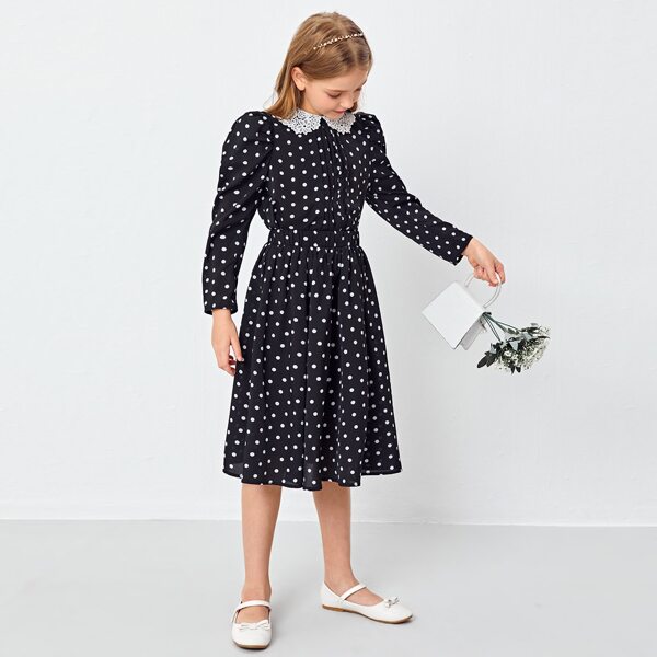 

Girls Polka Dot Print Gigot Sleeve Contrast Lace Top & Skirt Set, Black