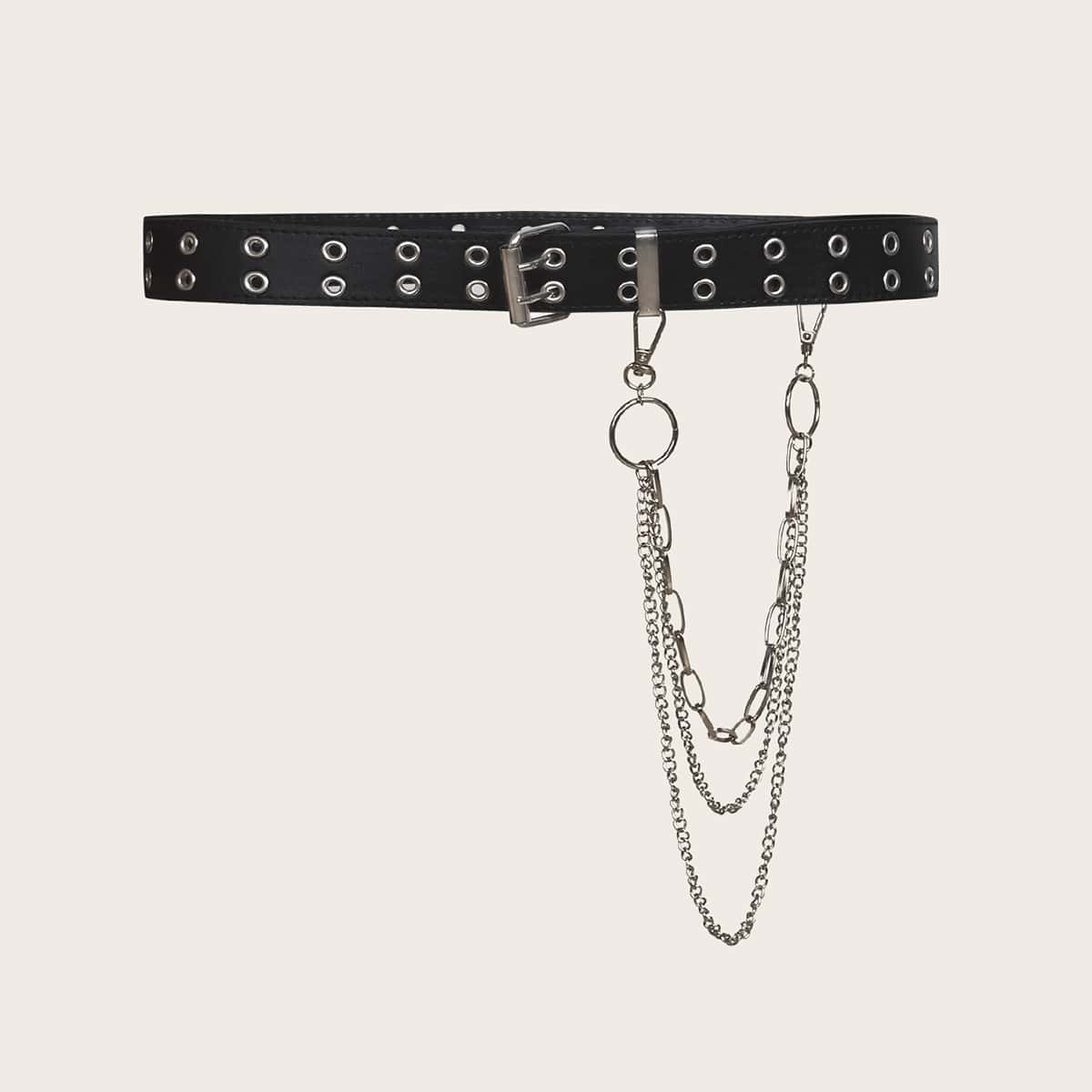 

Grommet Belt With Layered Chain, Black
