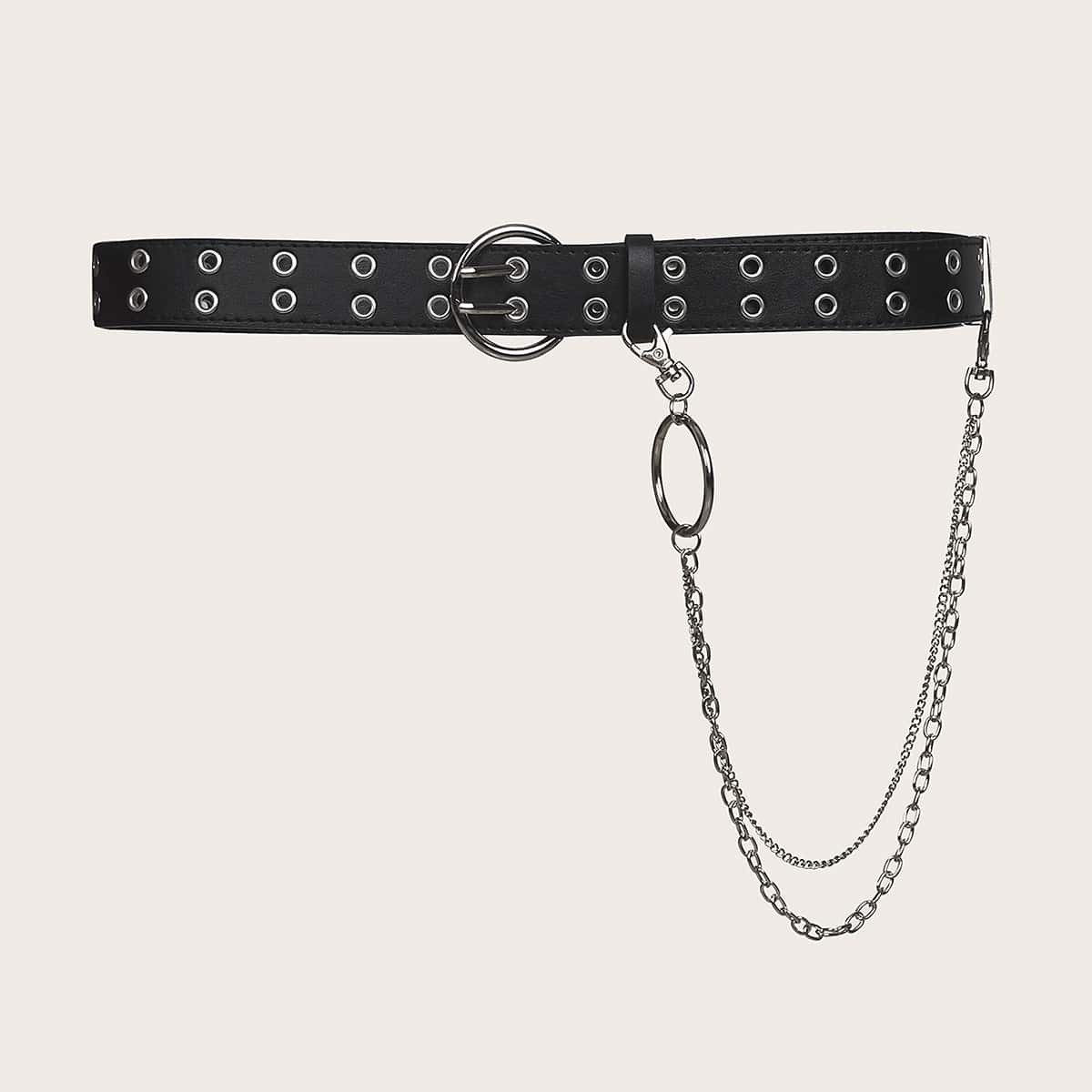 

Grommet Belt With Layered Chain, Black