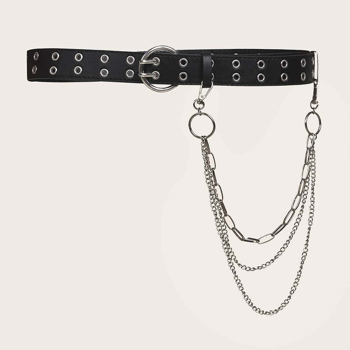 

Grommet Belt With Layered Chain, Black