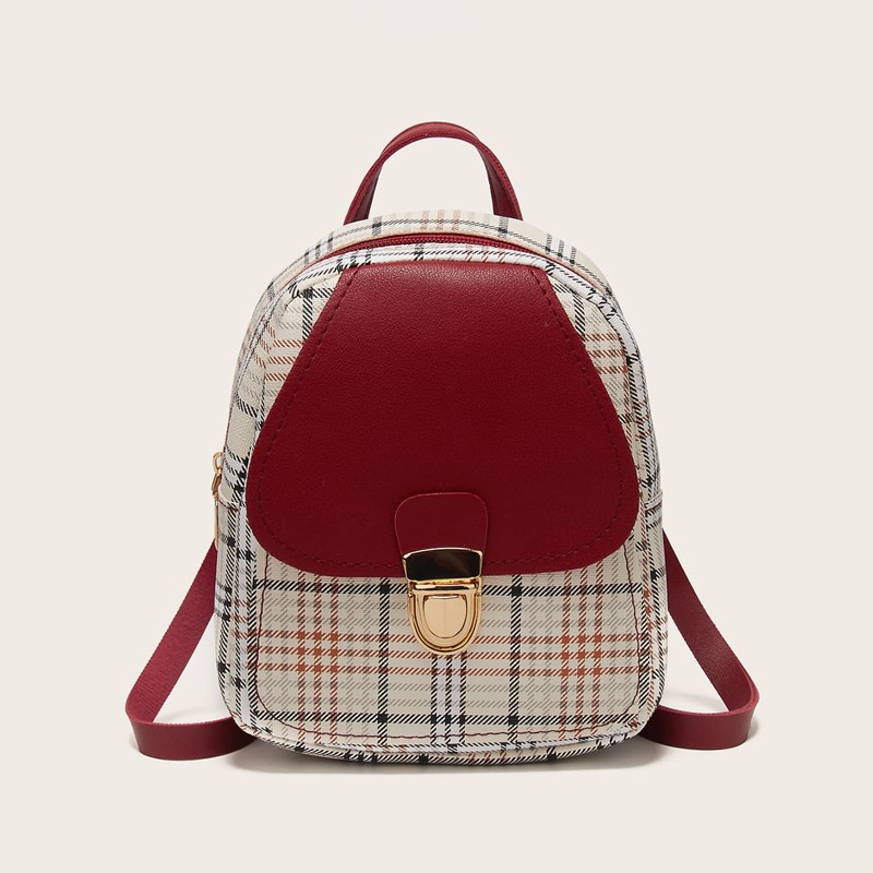 

Plaid Push Lock Backpack, Red