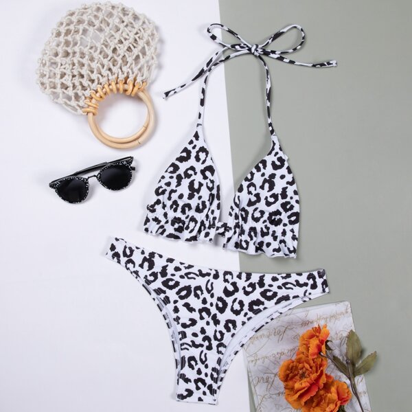 

Allover Graphic Ruffle Halter Bikini Swimsuit, Black and white