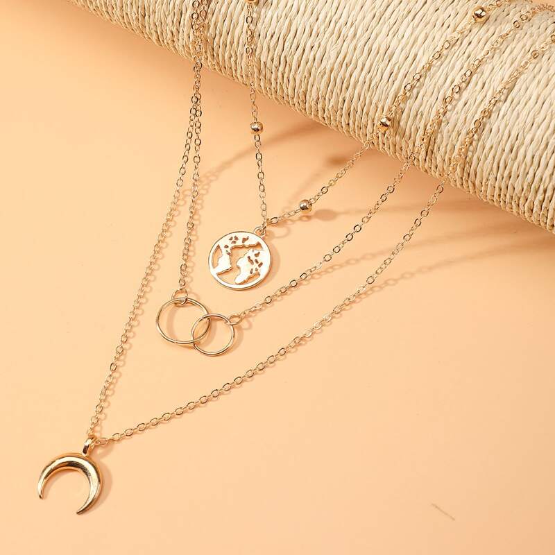

Map & Moon Design Layered Necklace, Gold
