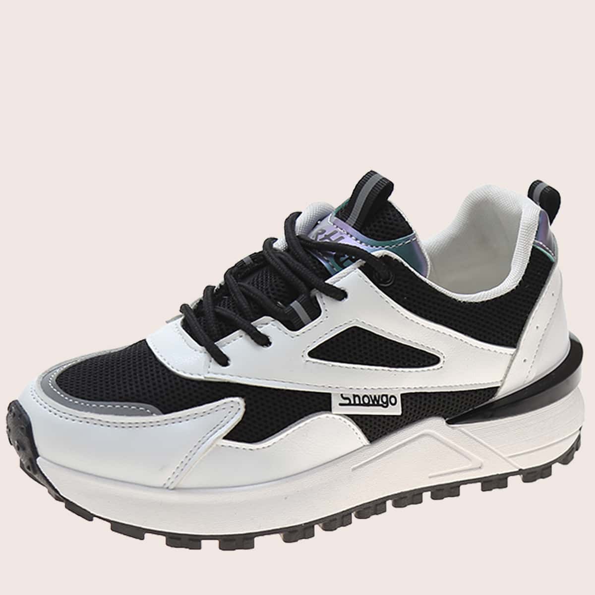 

Colorblock Lace-up Chunky Sneakers, Black and white