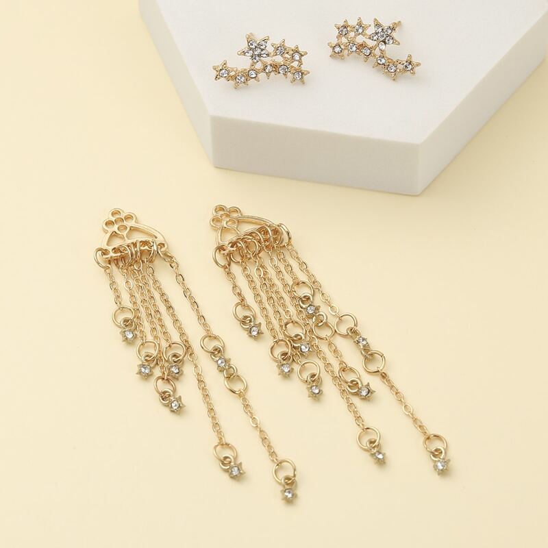 

2pairs Rhinestone Tassel Earring Set, Gold