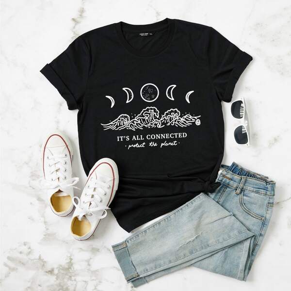 

Plus Slogan & Moon Print Tee, Black