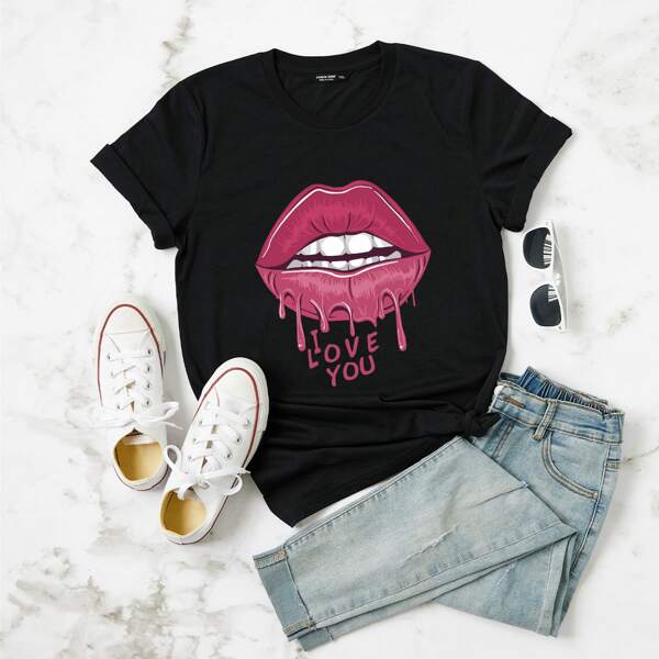 

Plus Slogan & Lip Print Tee, Black