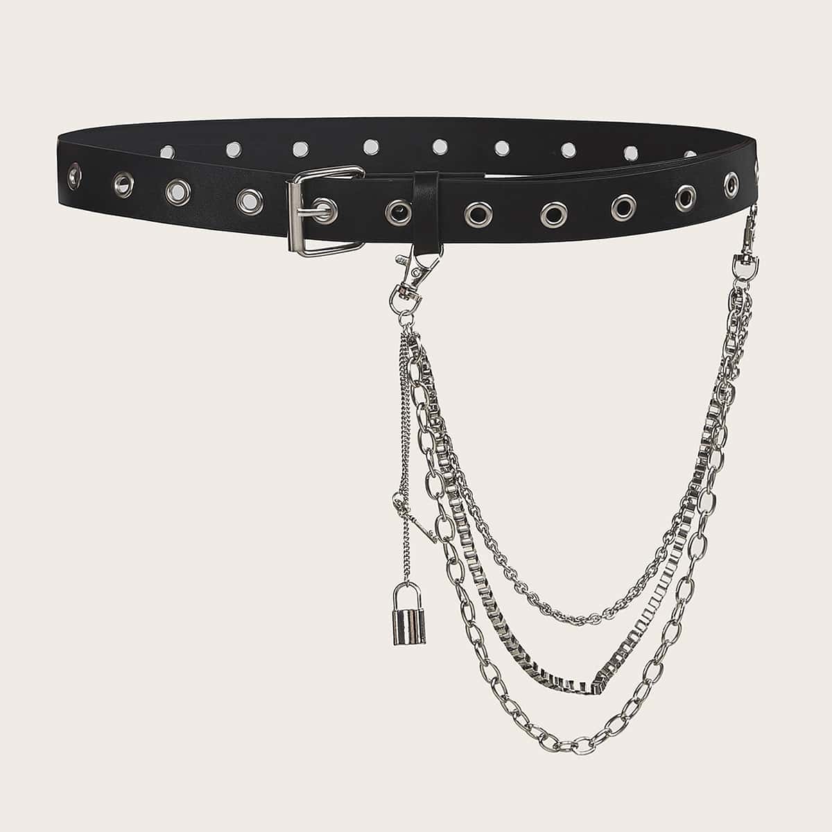 

Grommet Belt With Layered Chain, Black