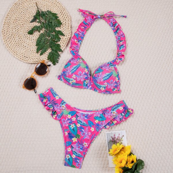 

Floral & Tropical Ruffle Bikini Swimsuit, Multicolor