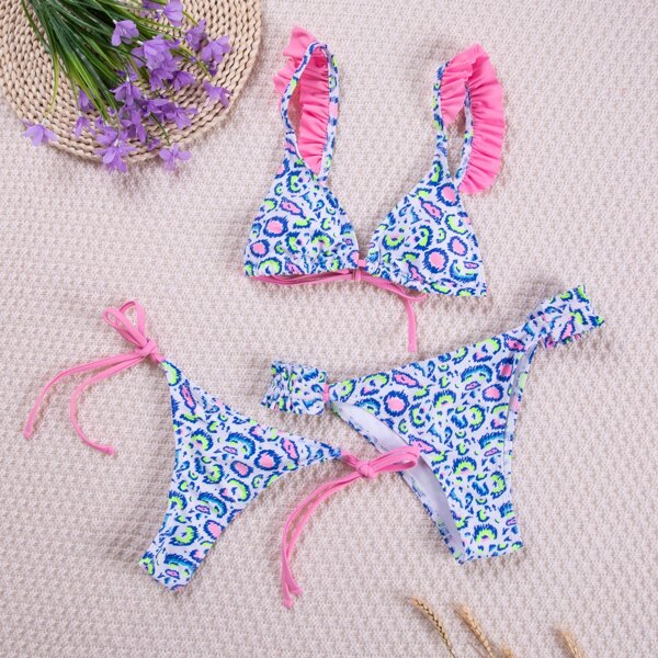 

3pack Allover Print Tie Side Triangle Bikini Swimsuit & Shorts, Multicolor