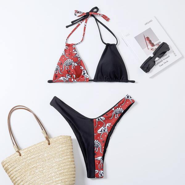 

Dinosaur Print Triangle Bikini Swimsuit, Multicolor