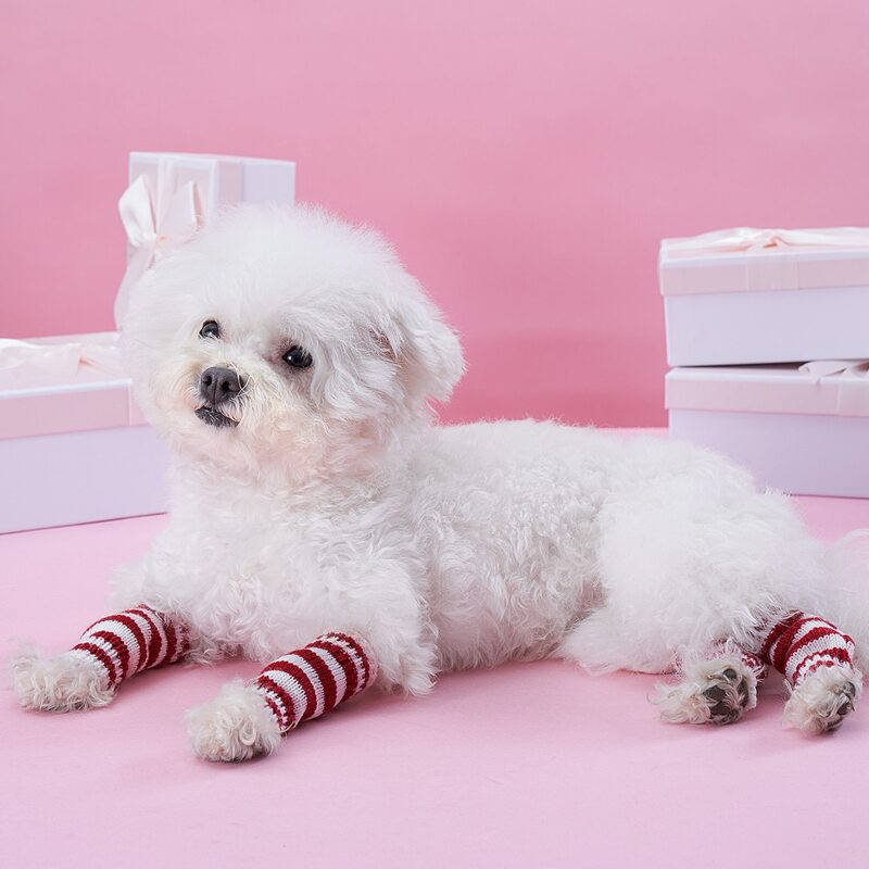 

4pcs Striped Knit Pet Leg Warmers, Red and white