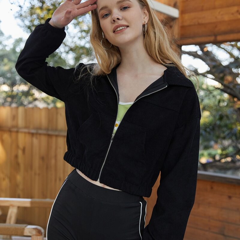 

Corduroy Zip Hooded Jacket, Black