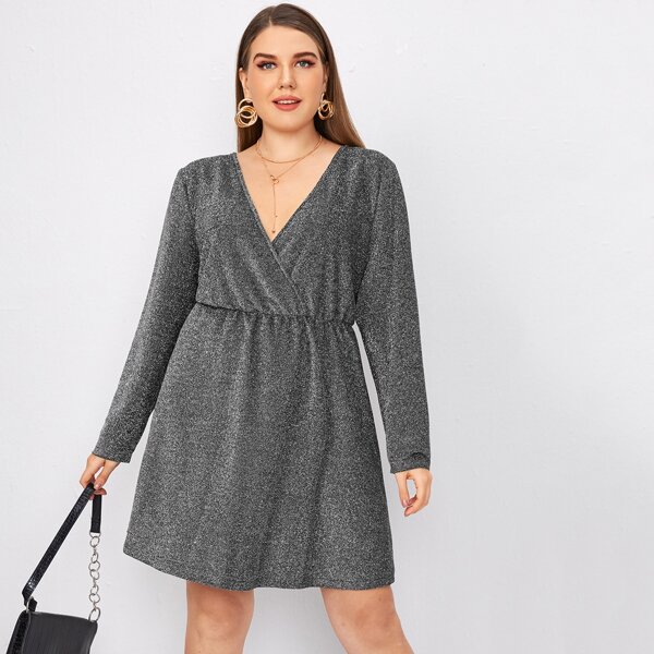 

Plus Glitter Surplice Front A-line Dress, Dark grey