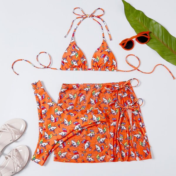 

3pack Cartoon Graphic Bikini Swimsuit & Beach Skirt, Multicolor