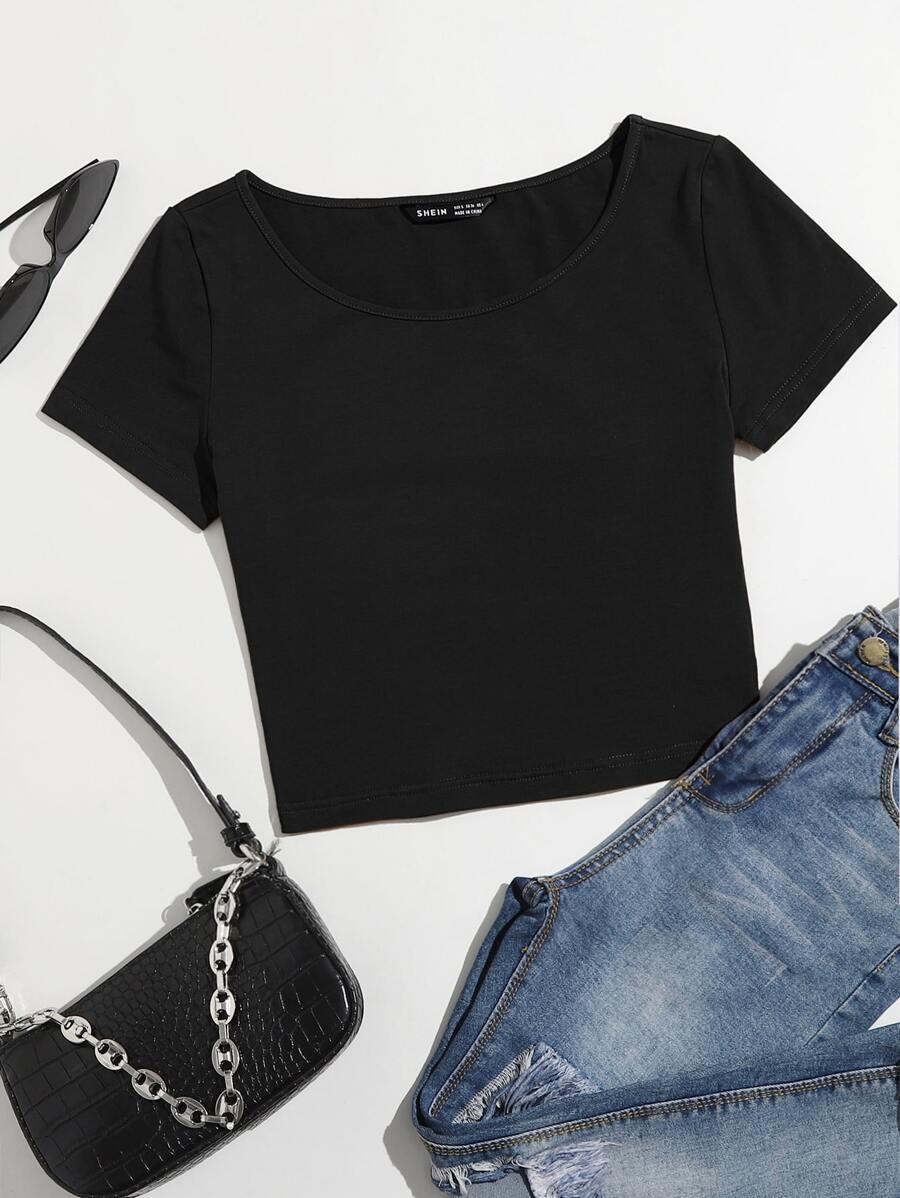 SHEIN EZwear Áo thun màu trơn Giải trí - màu đen - Xem 1