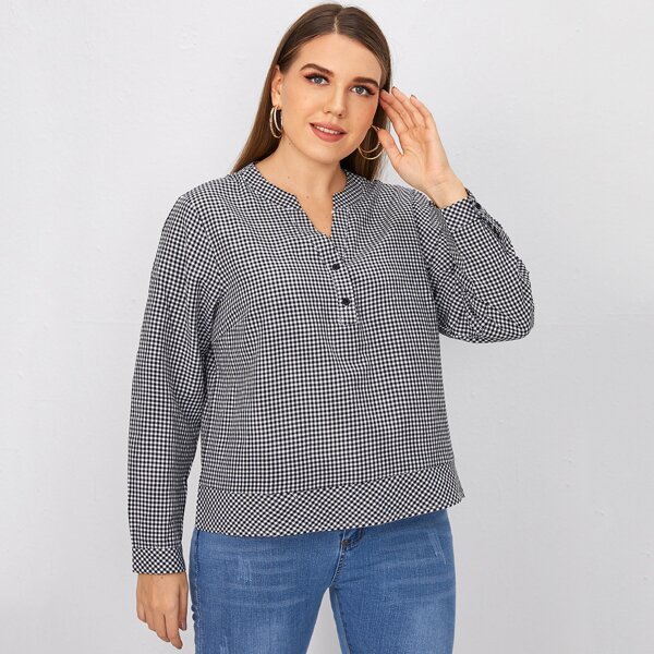 

Plus Gingham Button Front Notch Neck Blouse, Black and white