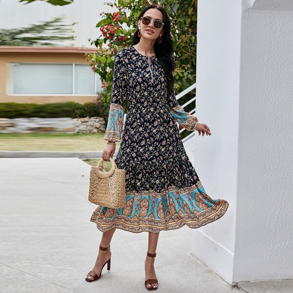 

Tie Neck Floral Print A-line Dress, Multicolor