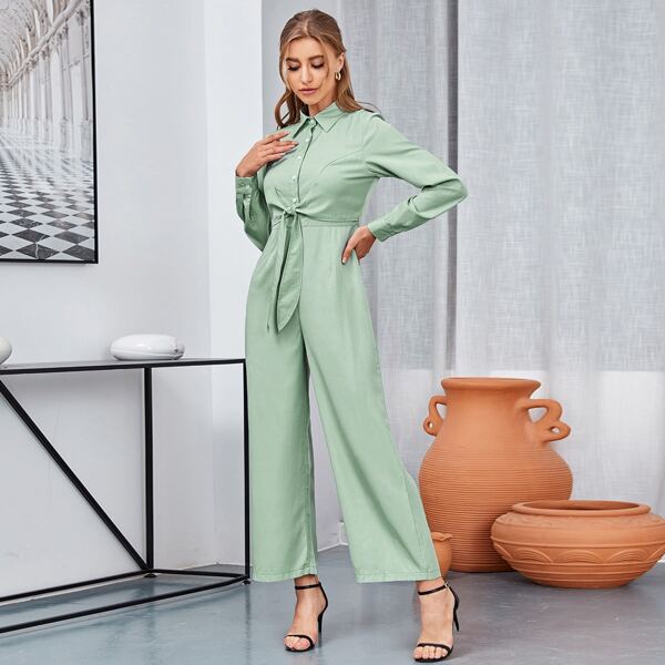 

Solid Tie Front Shirt Jumpsuit, Green