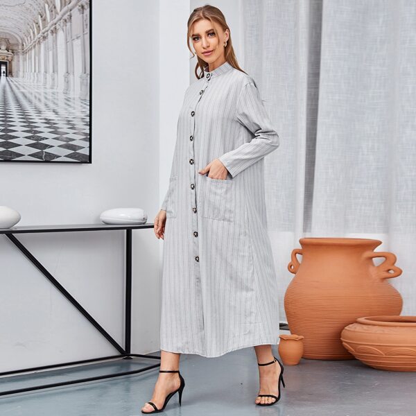 

Striped Print Button Front Shirt Dress, Grey