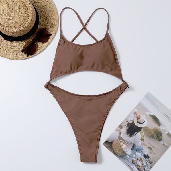

Cut-out Ring Linked One Piece Swimsuit, Rust brown
