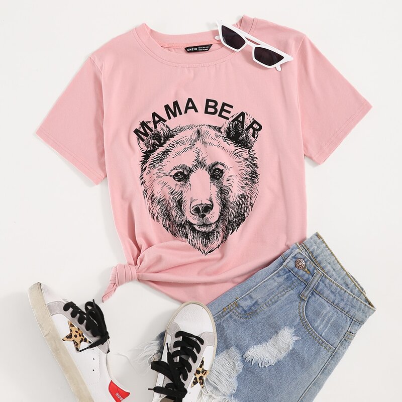 

Letter & Bear Print Short Sleeve Tee, Baby pink