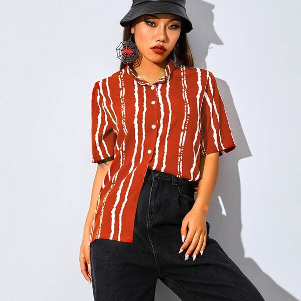 

Mock Neck Striped Print Blouse, Red