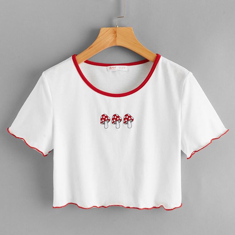 

Mushroom Embroidery Contrast Binding Crop Top, White
