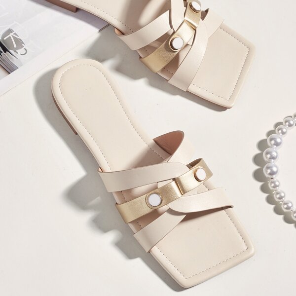 

Color Block Slide Sandals, Beige