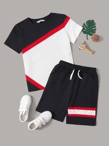 SHEIN Boys Colorblock Tee & Drawstring Waist Shorts Set