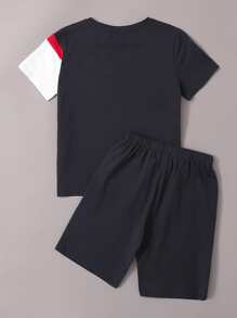 SHEIN Boys Colorblock Tee & Drawstring Waist Shorts Set