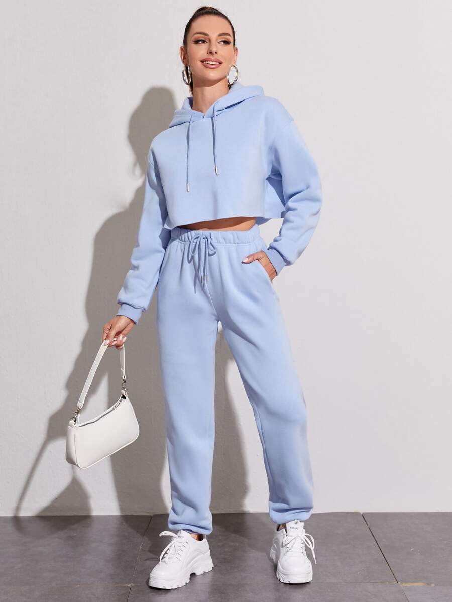 保暖內襯抽繩連帽衫帶慢跑褲 - 藍色 - 查看 1