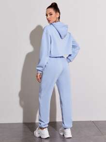 保暖內襯抽繩連帽衫帶慢跑褲 - 藍色 - 查看 2