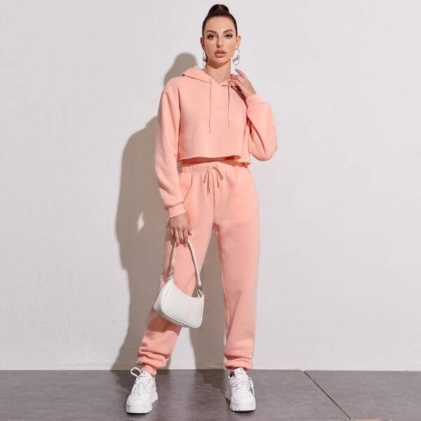 

Thermal Lined Drawstring Hoodie With Joggers, Pastel coral pink