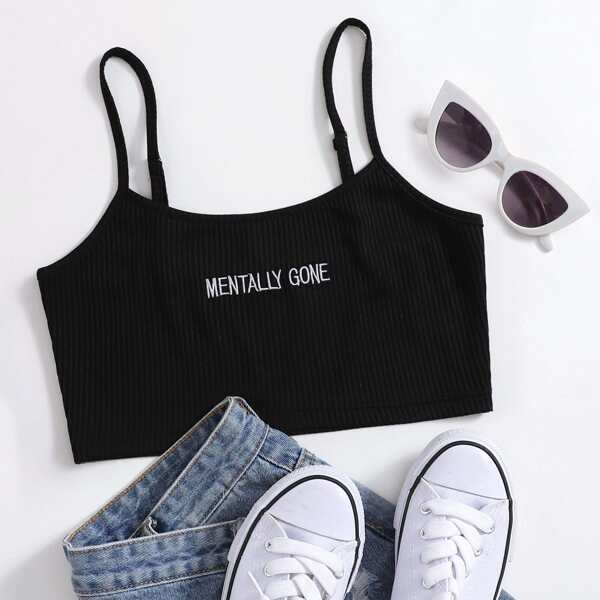

Letter Embroidery Crop Cami Top, Black