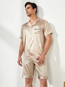 Men Satin Slogan Embroidery Lapel Neck PJ Set / Pajama Set - Champagne - View 4
