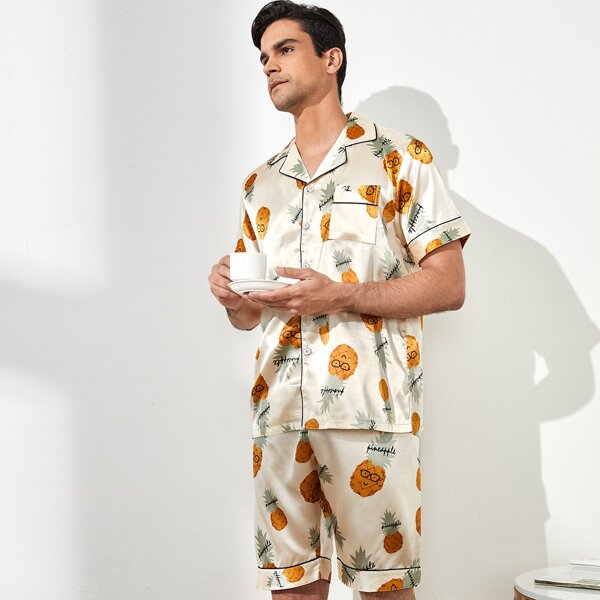 

Men Satin Pineapple & Letter Graphic PJ Set, Beige