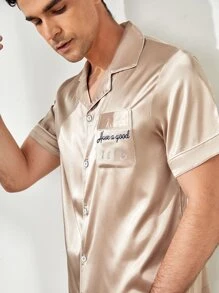 Men Satin Slogan Embroidery Lapel Neck PJ Set / Pajama Set - Champagne - View 5