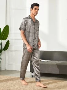 Men Letter Graphic Button Front Satin Pyjama Set - Grey - View 1