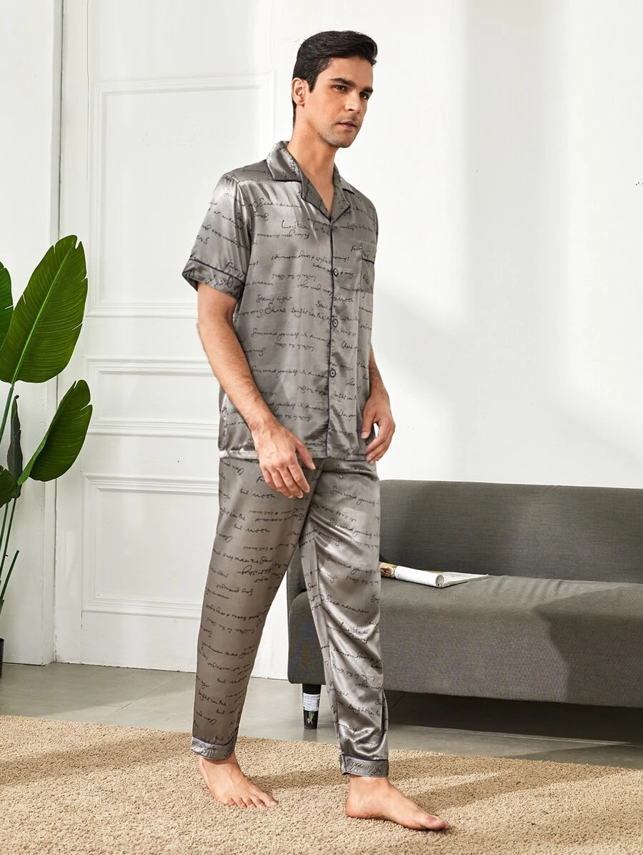 Men Letter Graphic Button Front Satin Pyjama Set - Grey - View 1